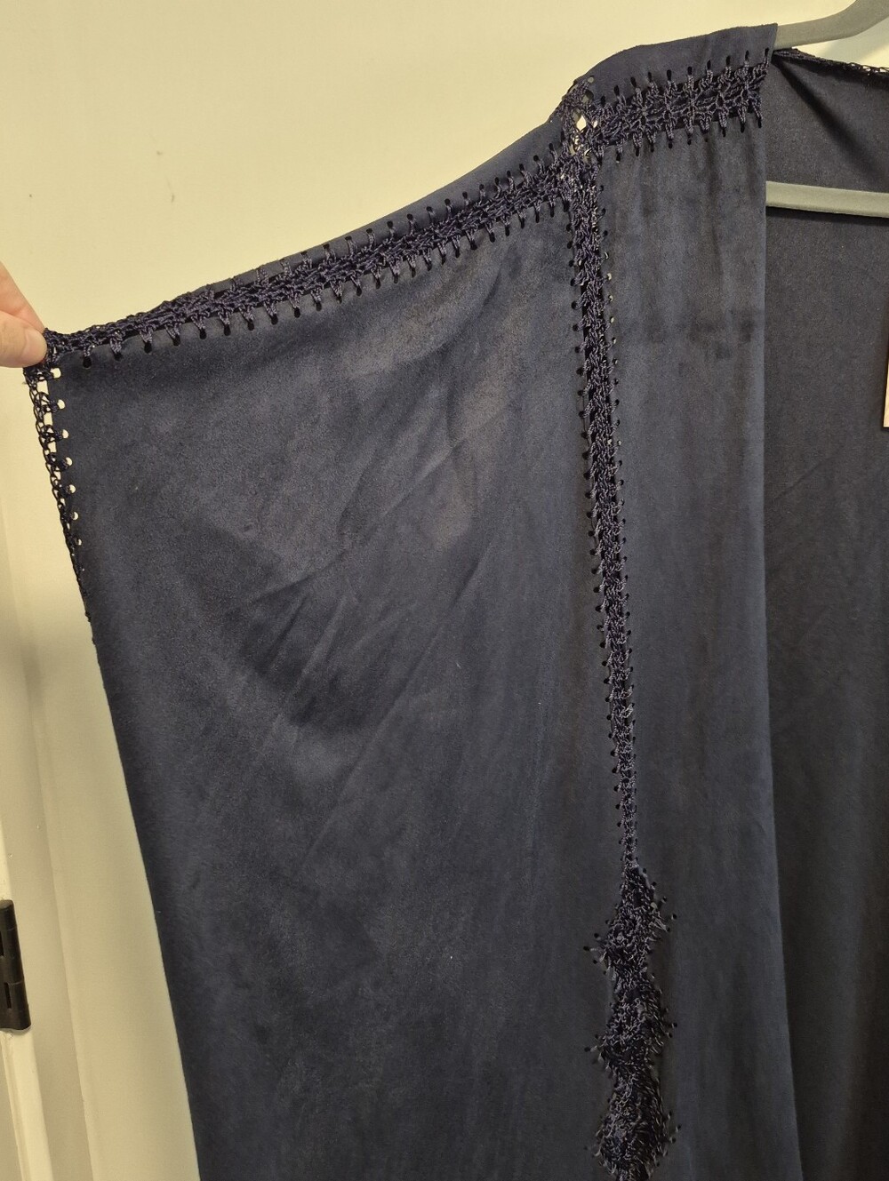 Chico's Ruana Wrap Faux Suede Navy Blue Cover Up Jacket Crochet Size S/M - Picture 5 of 13